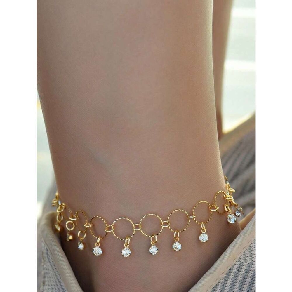 Gold Circle Link Anklet with Crystal Drops - Brand R 619
